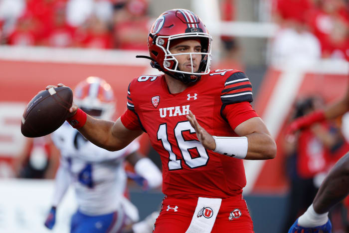 Aug 31, 2023; Salt Lake City, Utah, USA; Utah Utes quarterback Bryson Barnes (16) looks to pass against the Florida Gators at Rice-Eccles Stadium. Mandatory Credit: Jeff Swinger-USA TODAY Sports